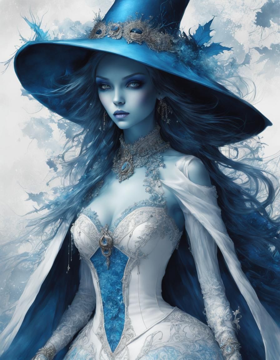 Cracking Blue Mannequin Witch in Manga Style