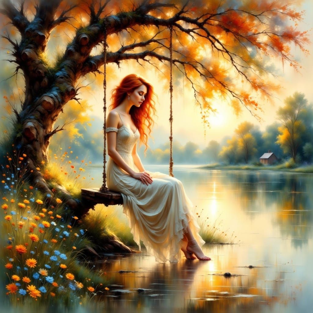 Woman on Swing Over Lake as Impressionist Painting