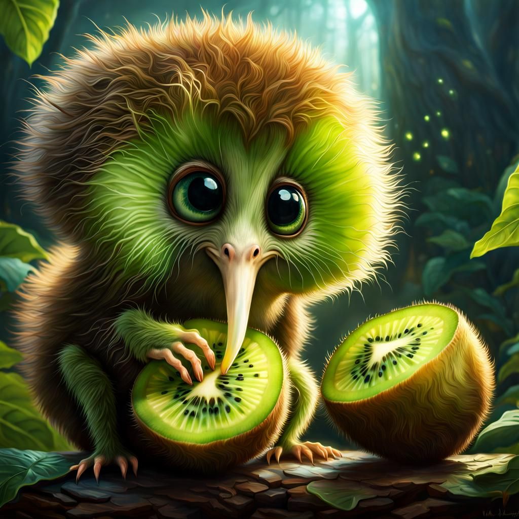 Adorable Alien Kiwi Creature Eating Kiwi Fruit