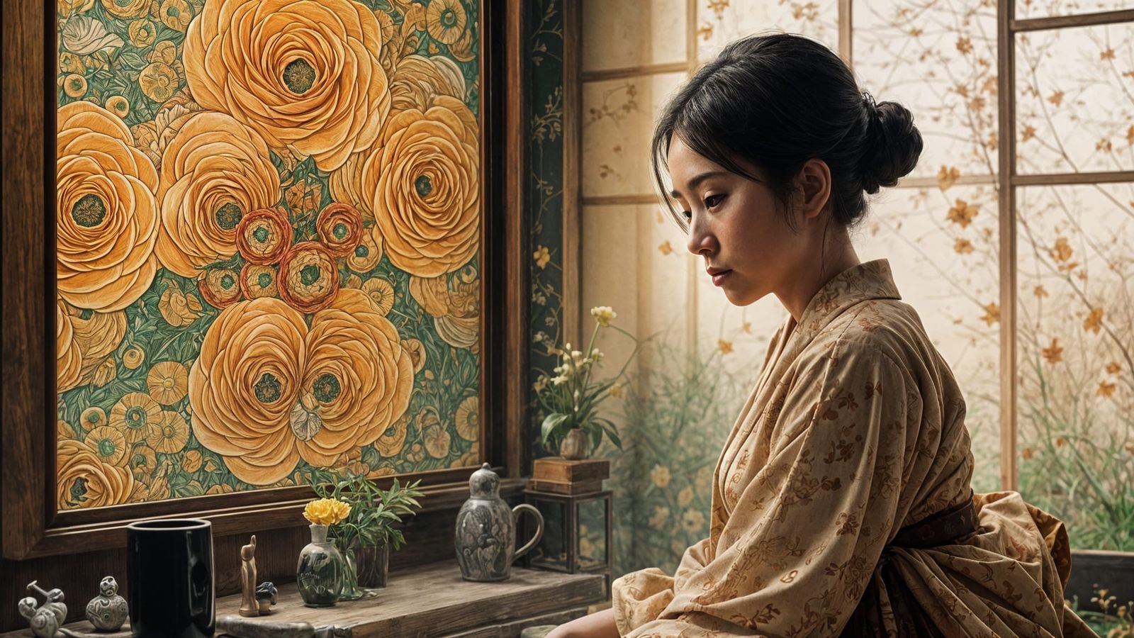 Elegant Japanese Filmmaker in Traditional Kimono, Surrounded...