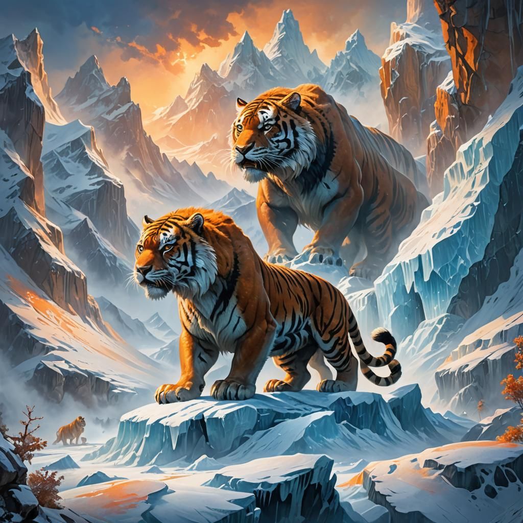 Saber-Toothed Tiger in Frozen Fantasy Landscape