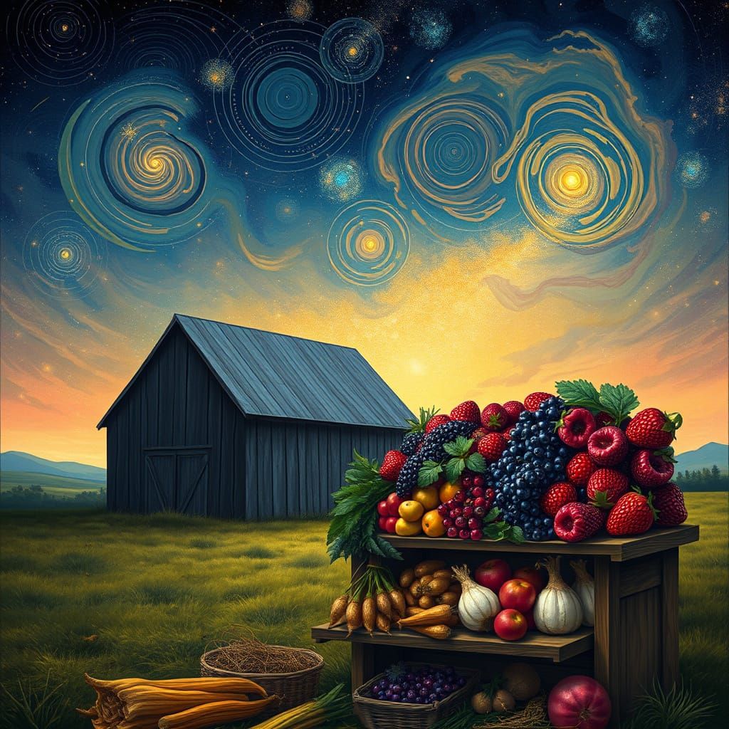 Cosmic Harvest: Barn Under Swirling Galaxies