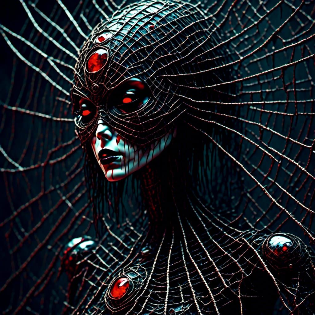 Cyber Swamp Hag in Chrome Spiderweb Landscape