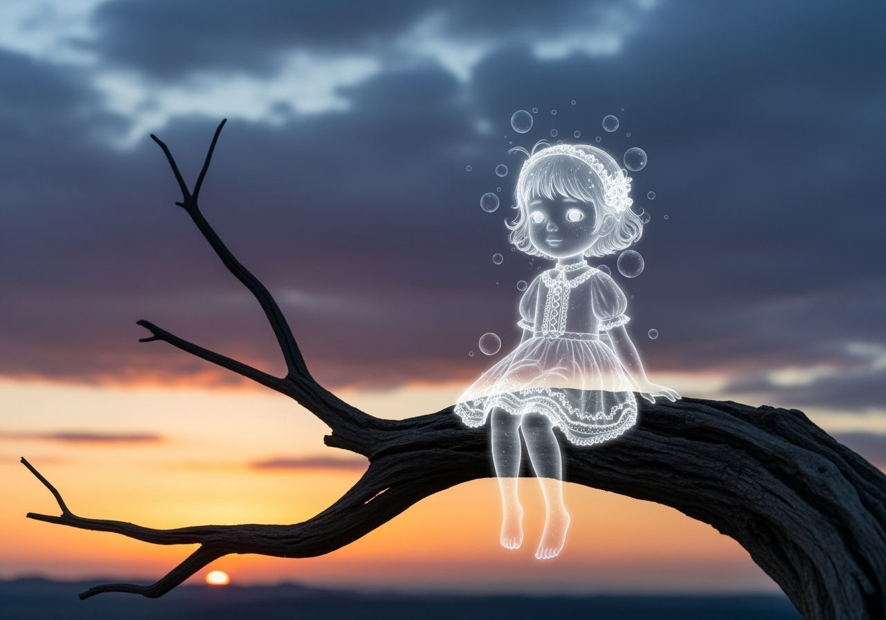 Ethereal Ghost Girl on Branch at Sunset