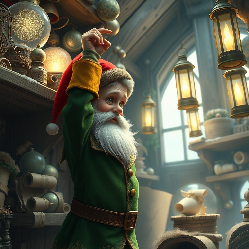 Elf Reaches for a Dusty Shelf in Santa's Workshop
