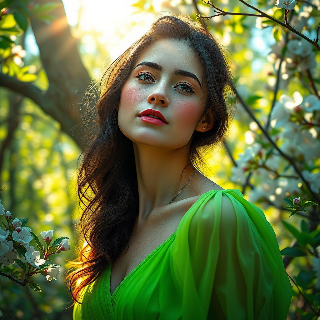 Woman in Budding Forest, Hyperdetailed Concept Art