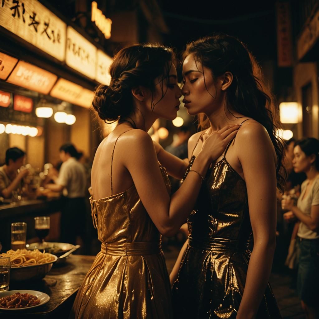 Two Girls Kissing in Spaghetti Strap Dresses