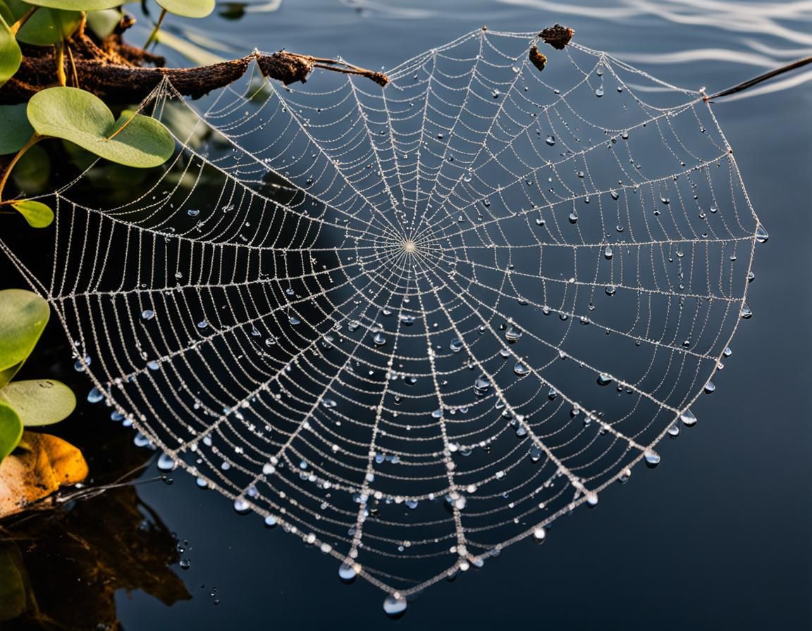 Heart-Shaped Crystal Spiderweb Over Lake