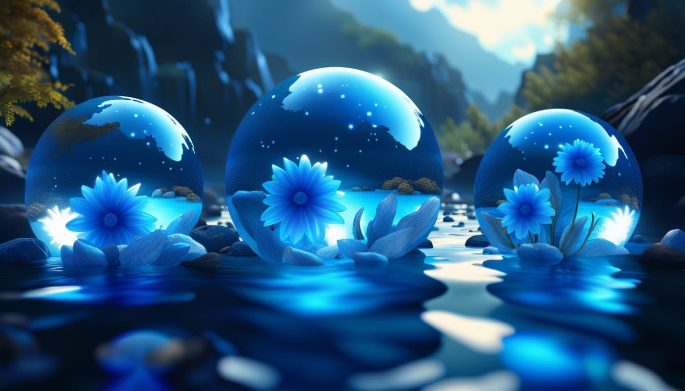 Electric Blue Crystal Earth Spheres on River