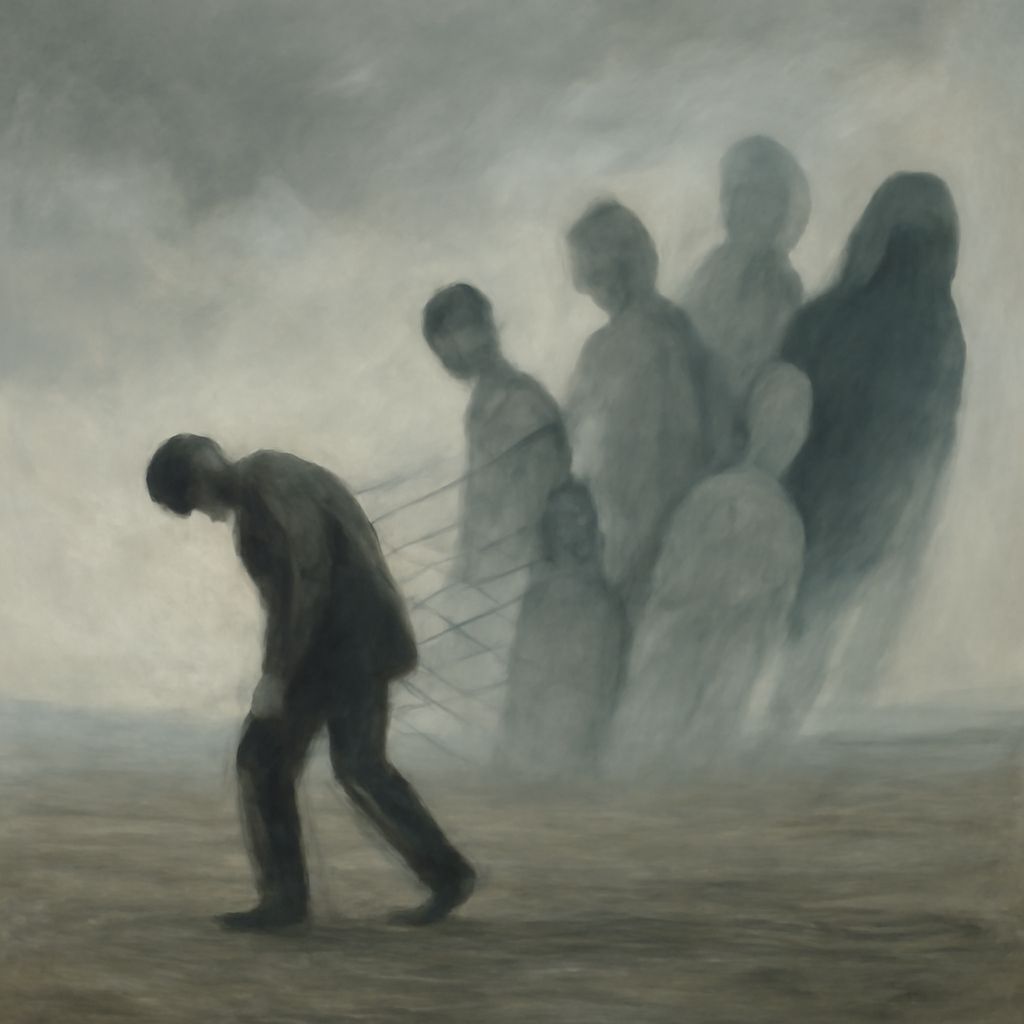 Figure Trailing Ghosts Through Barren Landscape