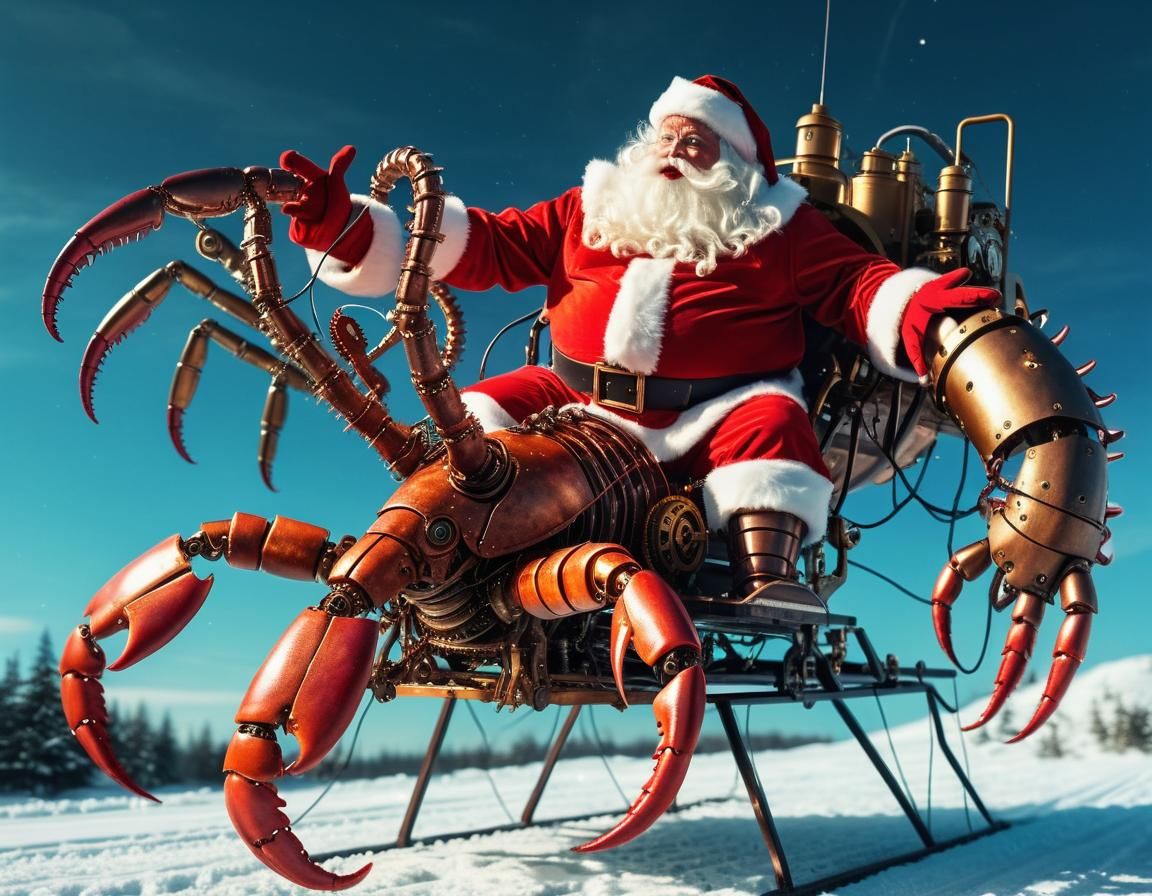 Evil Santa's Steampunk Sleigh Pulled by Robot Lobster