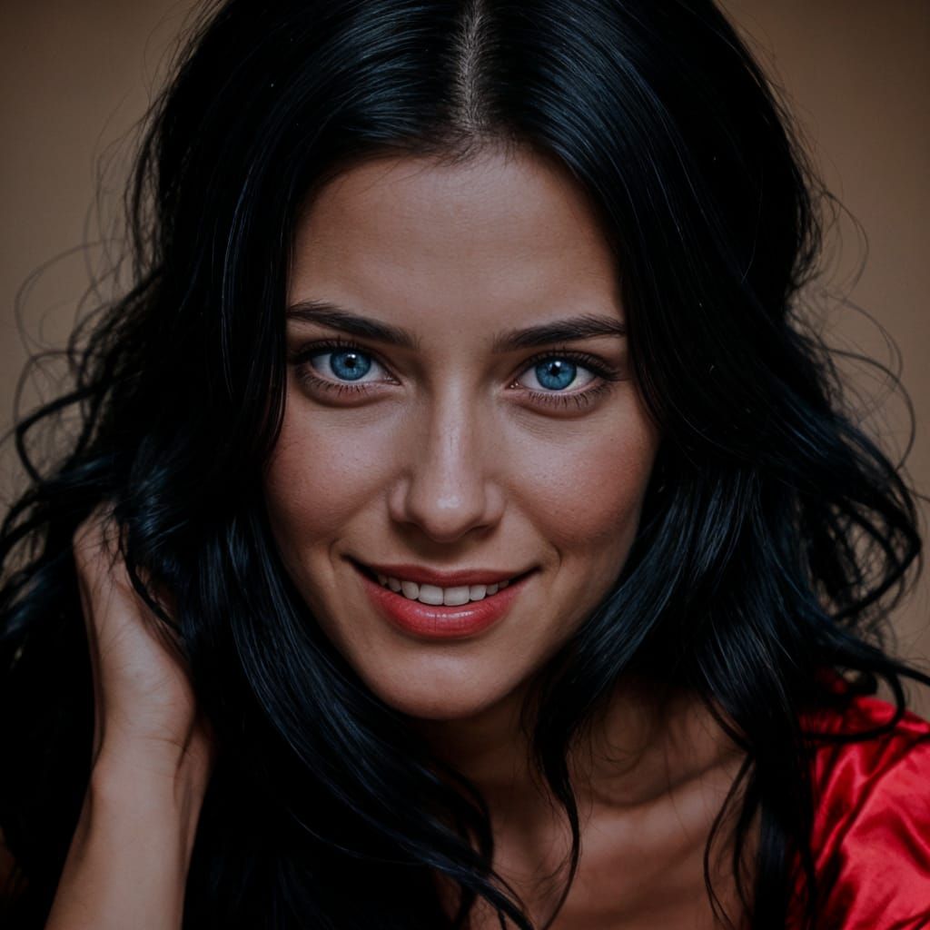 Portrait of a Woman with Black Hair and Blue Eyes