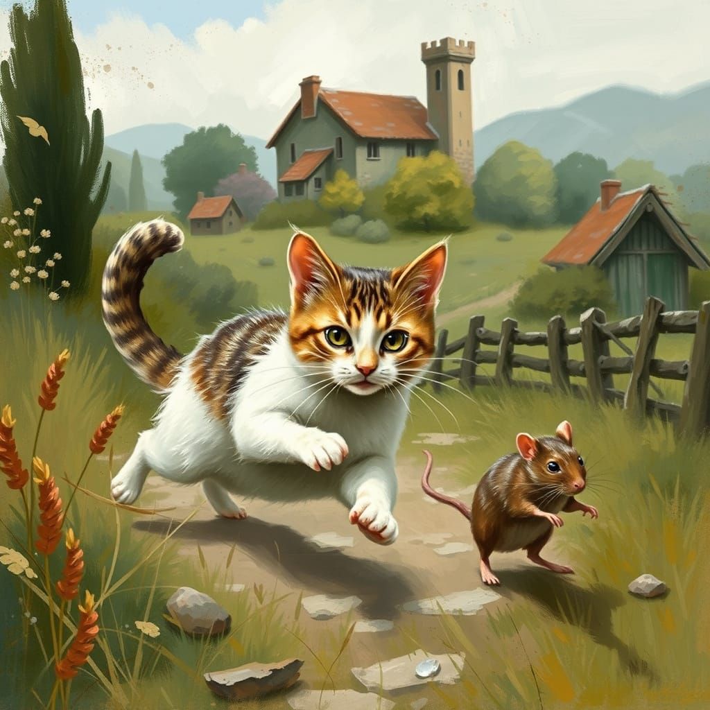 Whimsical Cat Chases Rat in Vintage Countryside