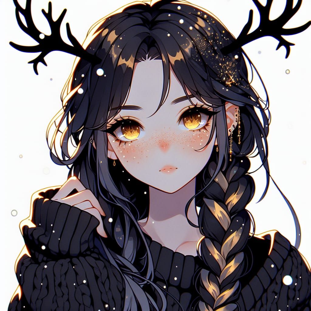 Anime Woman with Deer Antlers in Winter Scene