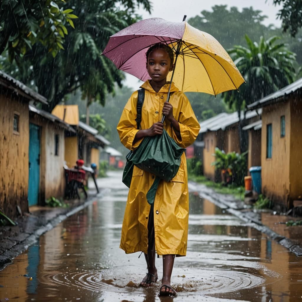 African Girl in Yellow Raincoat During Rainy Season