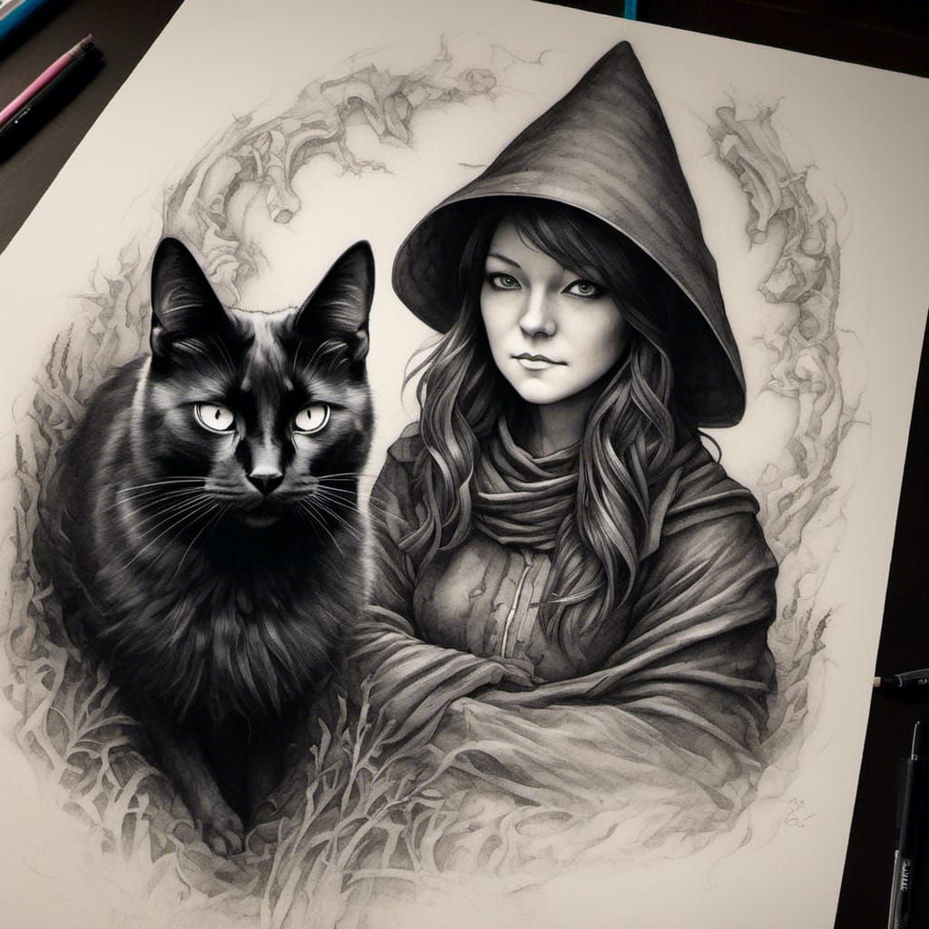 Witch, Cat, and Raven: Hyperdetailed Charcoal Drawing
