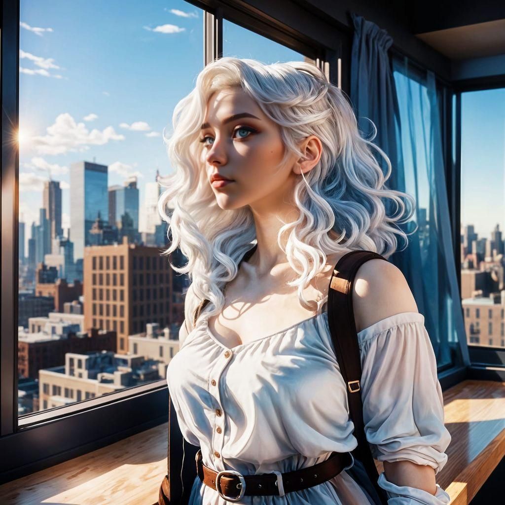 A curvy, white haired e-girl streamer stands by the window, ...