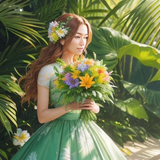 Hyperrealistic Person with Flowers on Sunny Beach