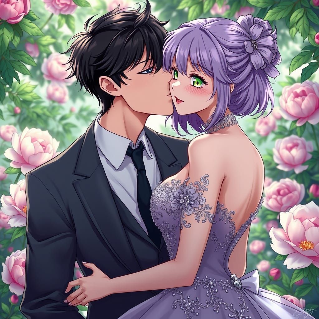 Romantic Anime Portrait in a Vibrant Peony Garden