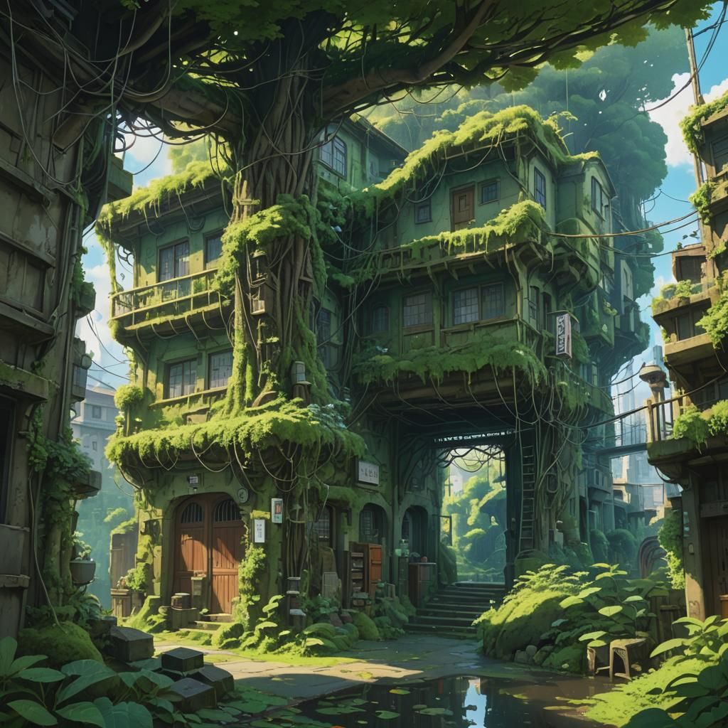 Overgrown Cityscape in Anime Style Concept Art