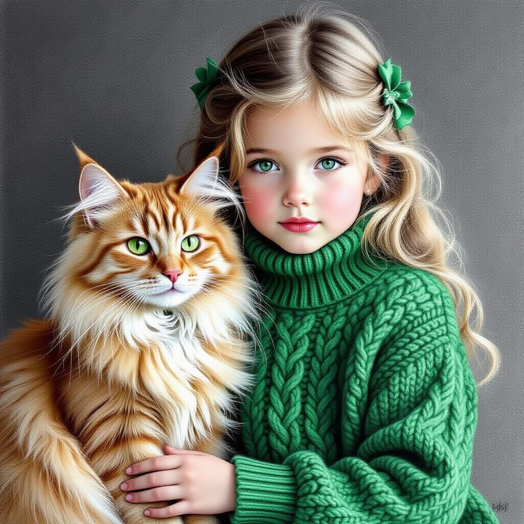 Girl and Cat in Green Sweaters: Surreal Pencil Drawing