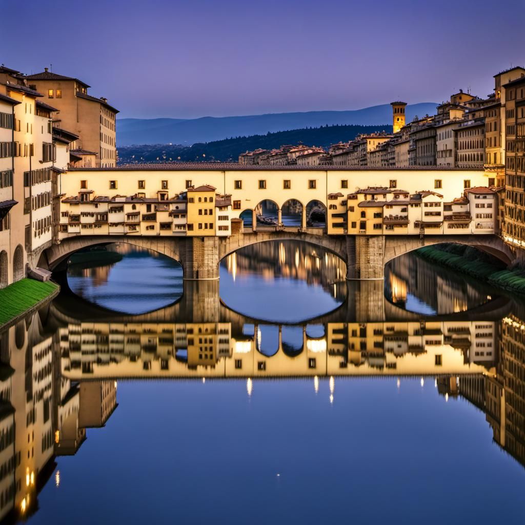 Ponte Vecchio bridge in Florence at dusk.