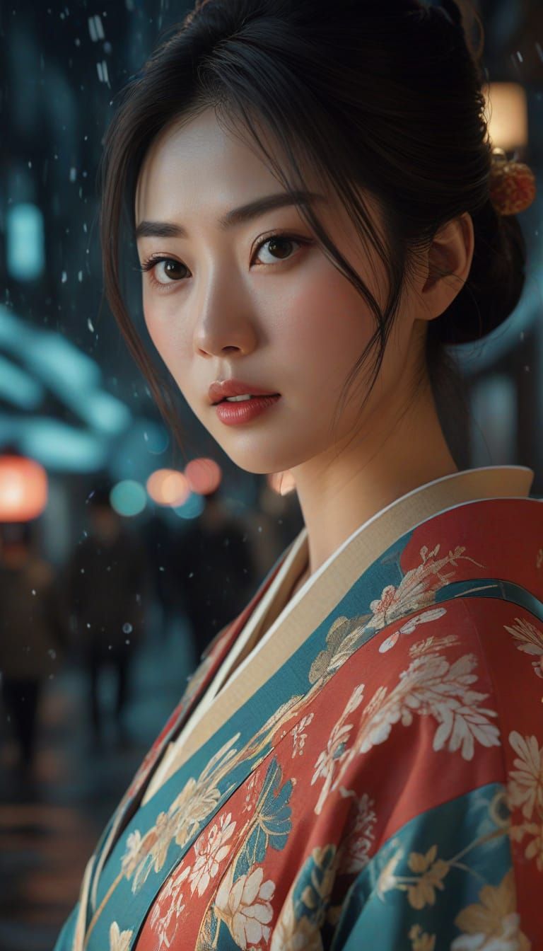 Surprised Japanese Woman in Snowfall