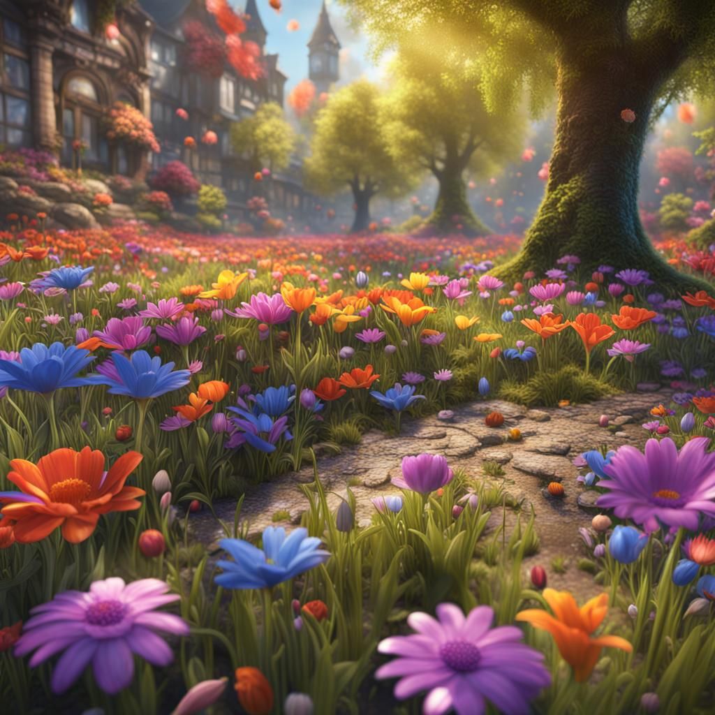 Spring Flowers Bursting Forth: Detailed Fantasy Art