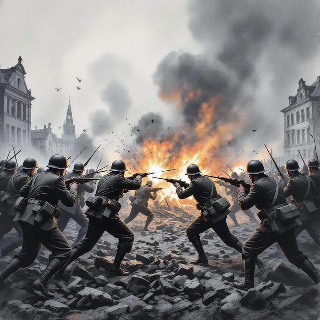 Hyperdetailed Charcoal Drawing of a Chaotic Battle