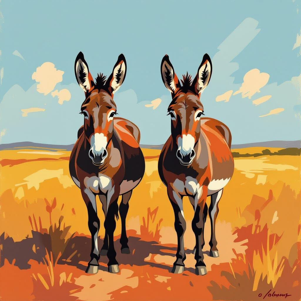 Bold Graphic Painting of Two Donkeys in Dusty Field
