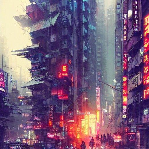 Cyberpunk Tokyo Street Scene: Detailed Matte Painting