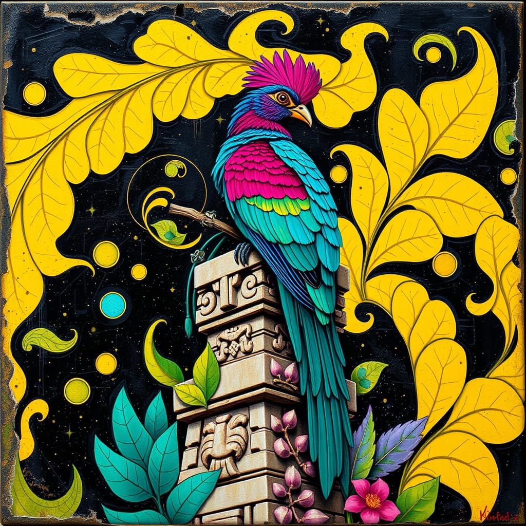 Quetzal on Aztec Tower in Psychedelic Style