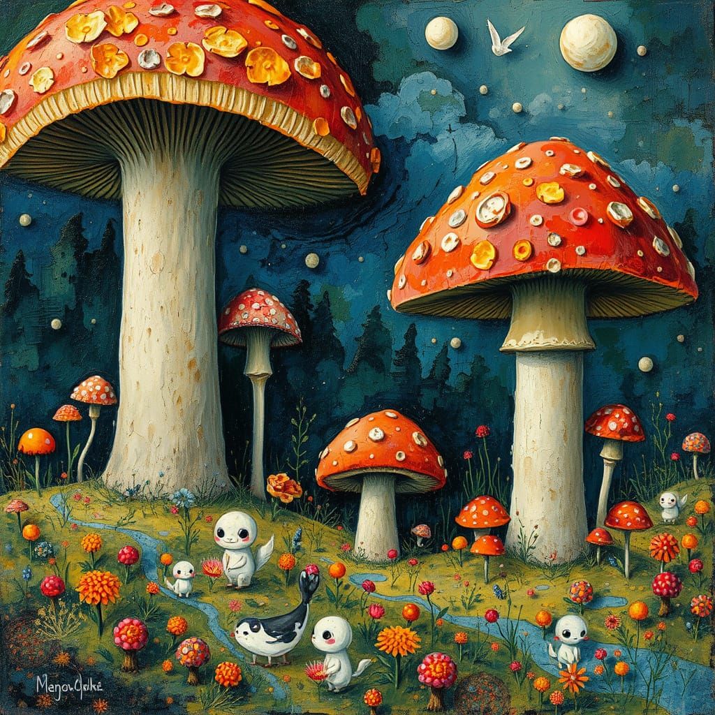 Giant Mushrooms in a Whimsical, Surreal Landscape