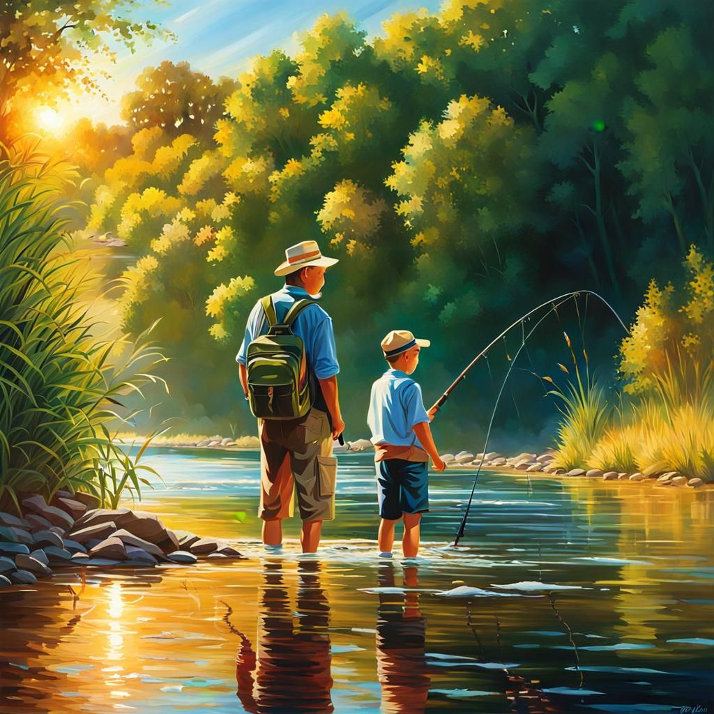 Family Fishing Trip on a Summer Riverbank