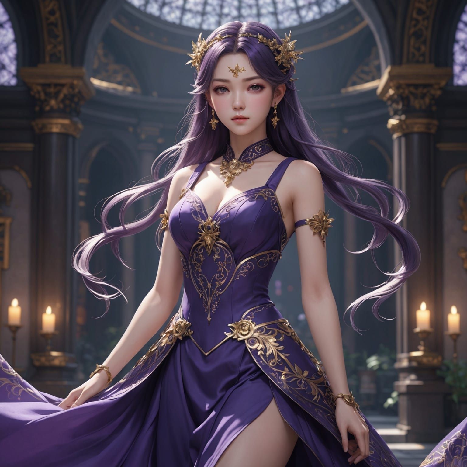 Anime Goddess in Purple Dress: 3D Art