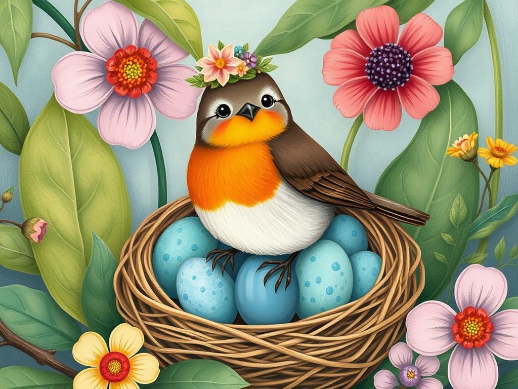 Robin with Flower Crown on Nest Illustration