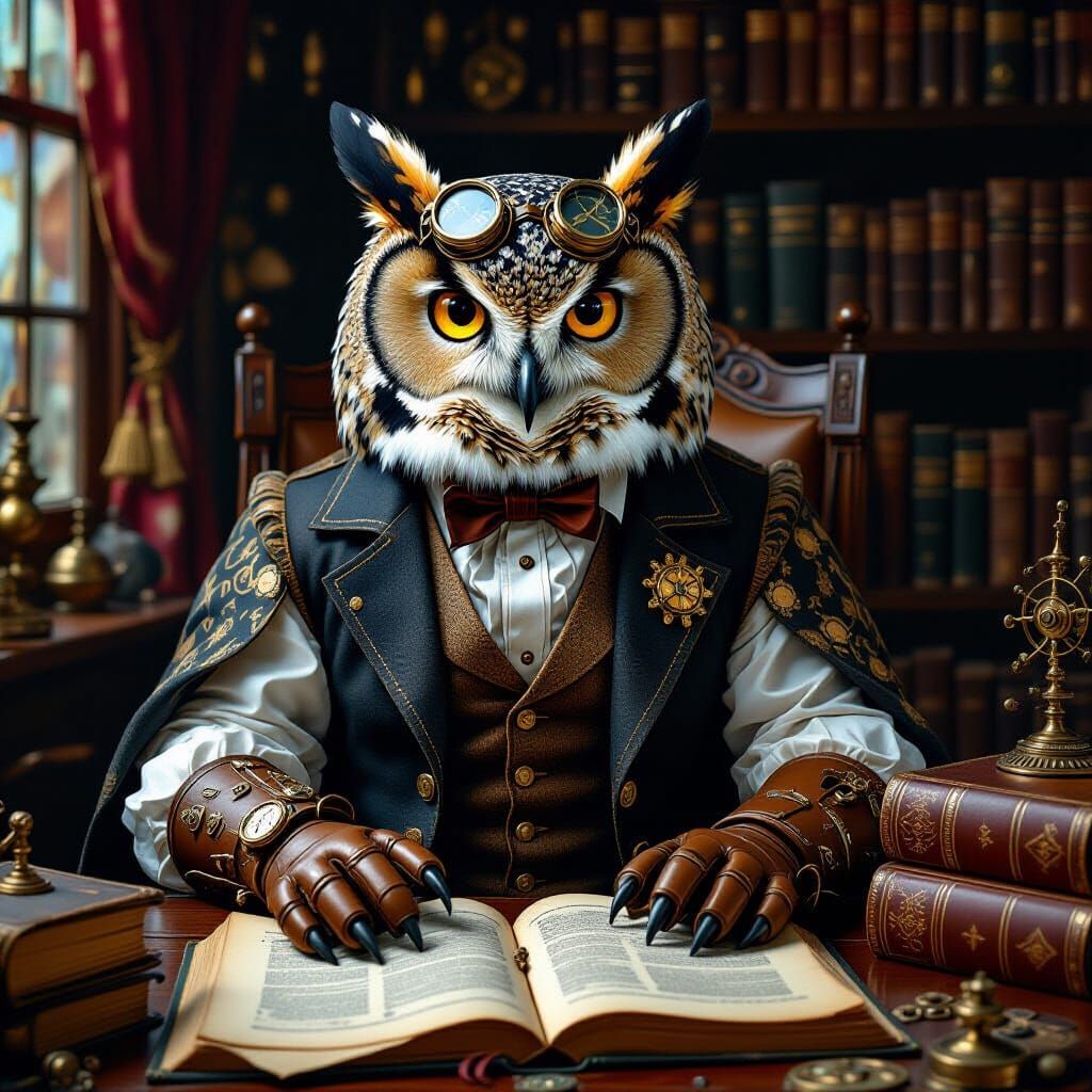 Steampunk Owl Perched on Arcane Books