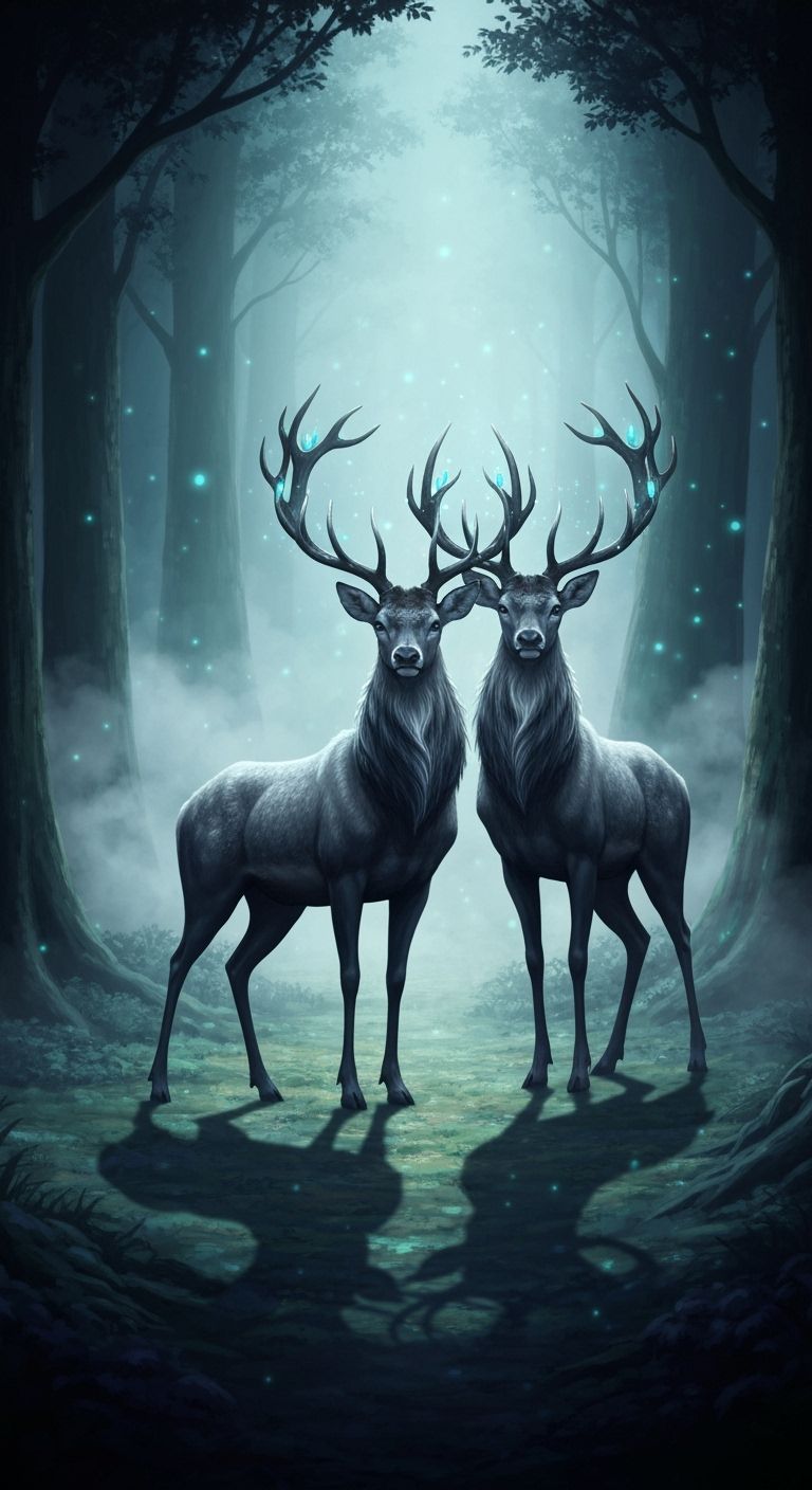 Stags with Turquoise Antlers in Mystical Forest
