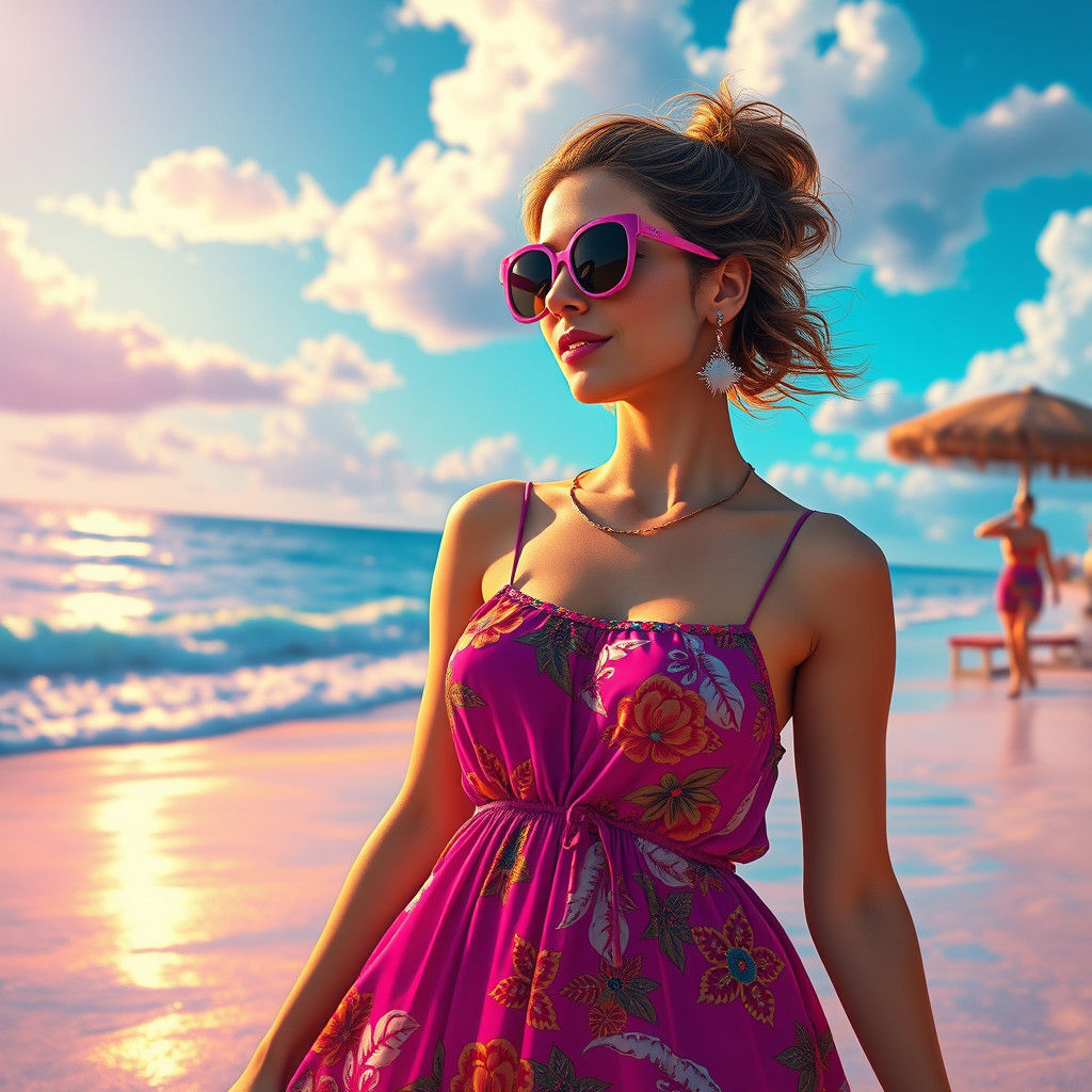 Lisa Frank Style Woman on a Sunny Beach