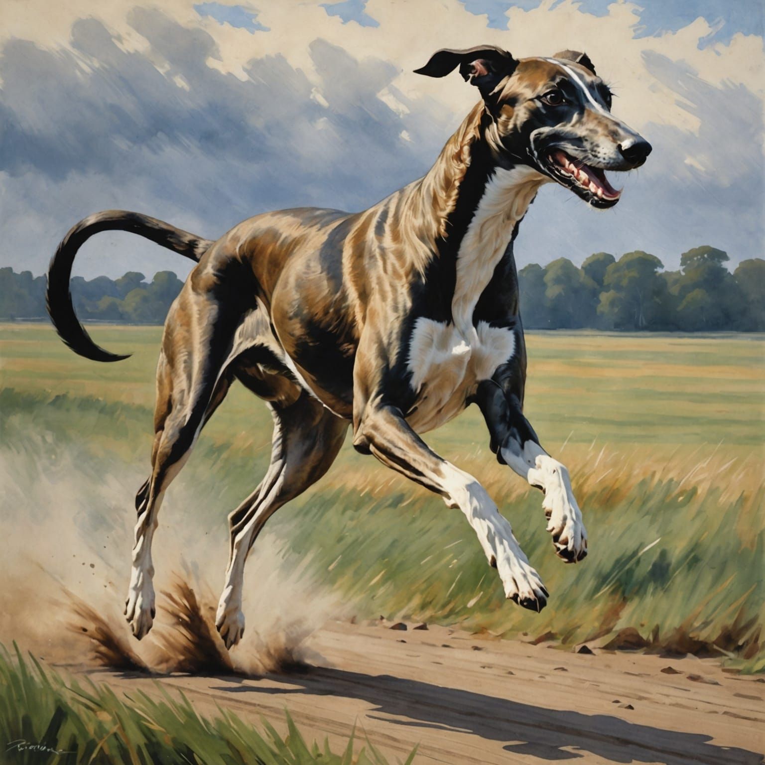 Greyhound Sprinting: Impressionistic Gouache and Ink Paintin...