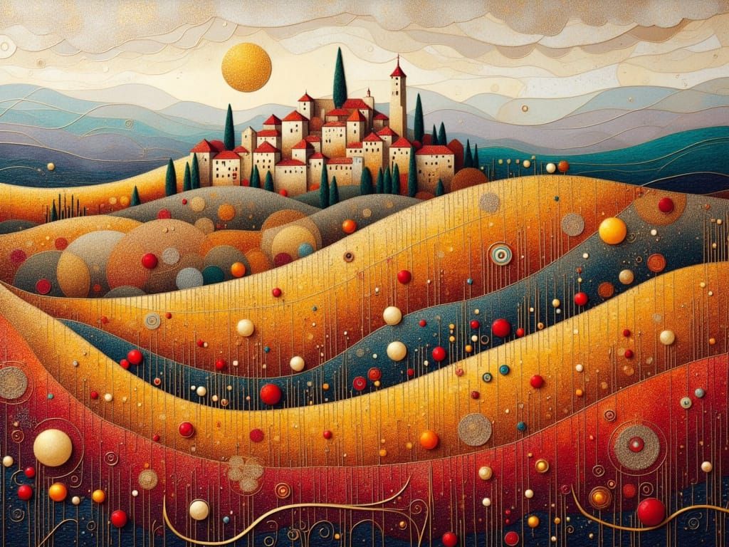 Abstract Autumn Village Painting with Gold Leaf Detail