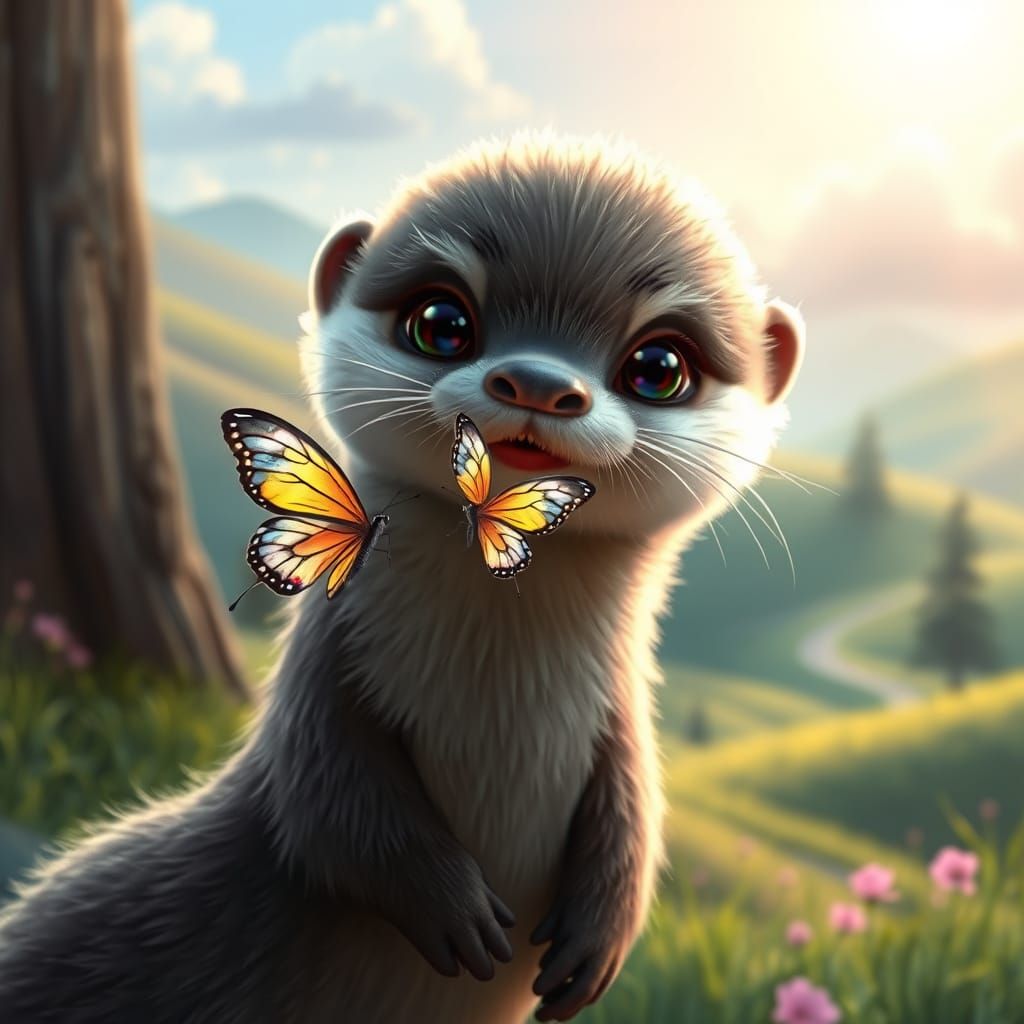 Whimsical Fantasy Otter with Butterfly on Nose