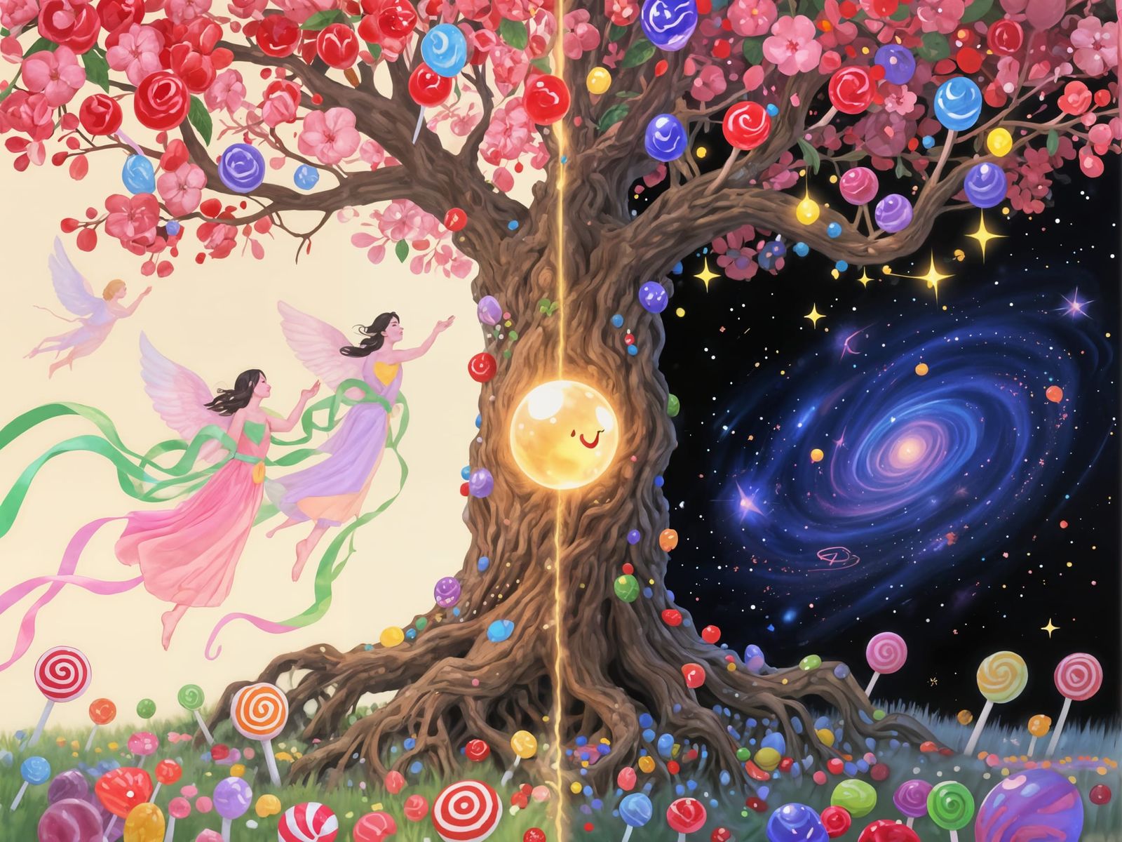 Gnarled Tree of Candy Sweets in Cosmic Dreamscape
