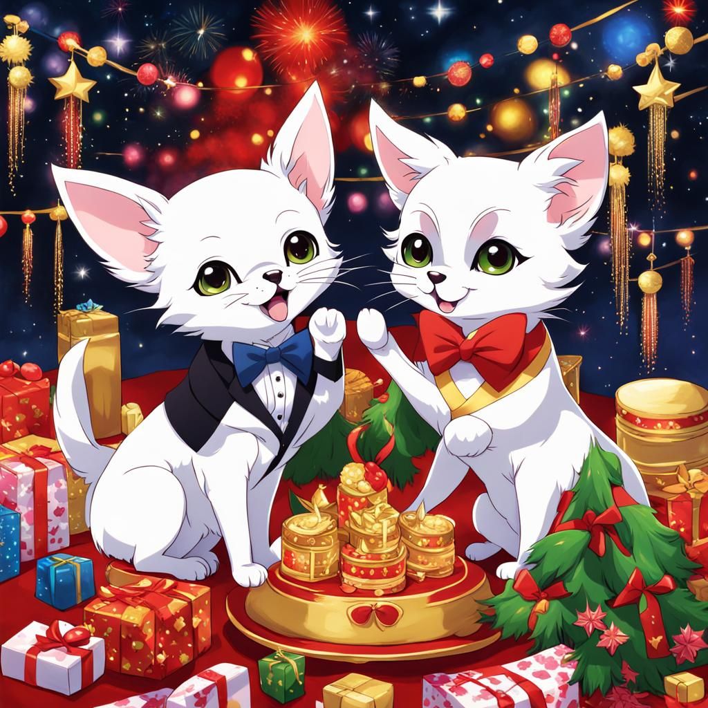 Chihuahua and Cat Celebrate New Year's in Anime Style
