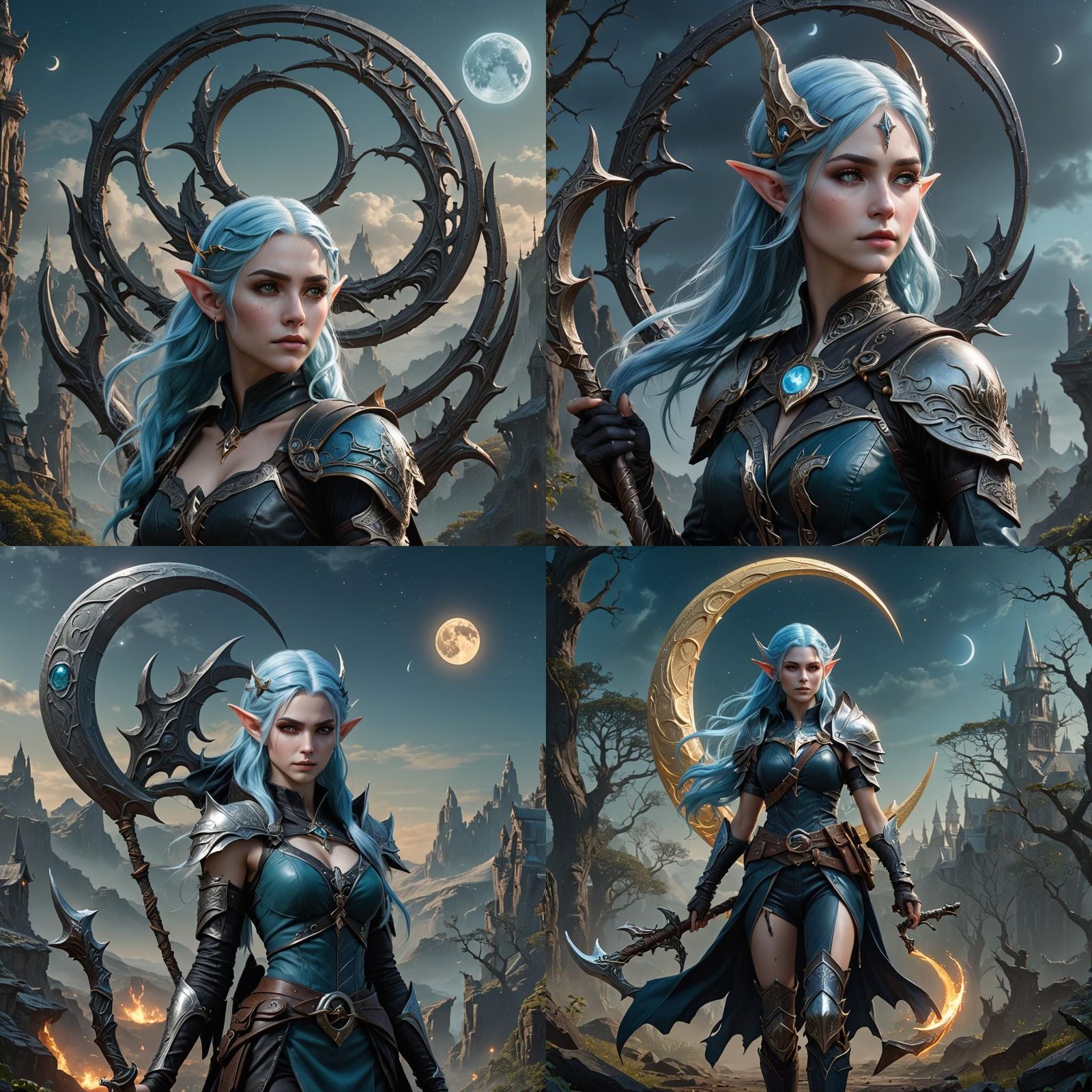 Blue Haired Elf Woman with Moon Sickle