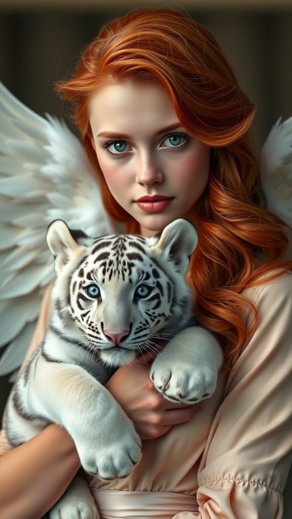 a beautiful young red haired woman holding a pretty kitty