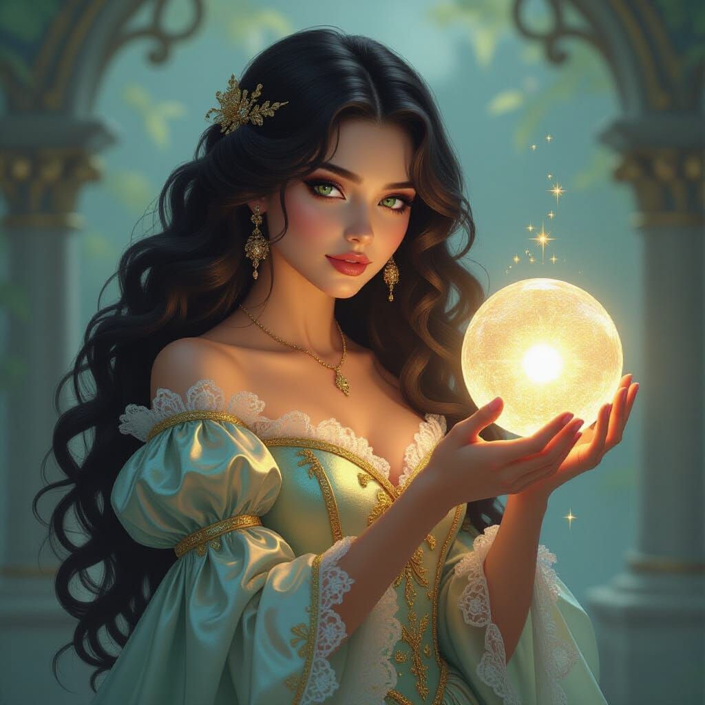 Woman in Rococo Gown in Bioluminescent Garden, Baroque Style