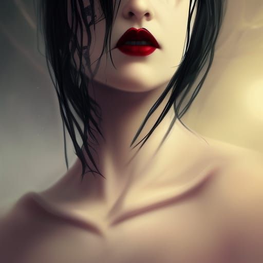 Ethereal gothic vampire Young lady with black hair& Crystal blue eyes& Red eyeshadow& Black eyeliner& Black lipstick& et...