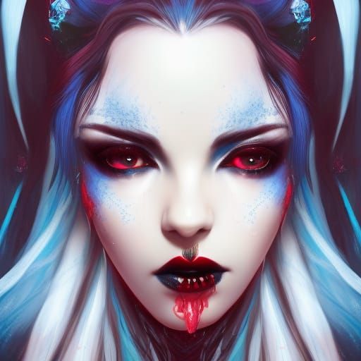 Ethereal gothic vampire Young lady with black hair& Crystal blue eyes& Red eyeshadow& Black eyeliner& Black lipstick& et...