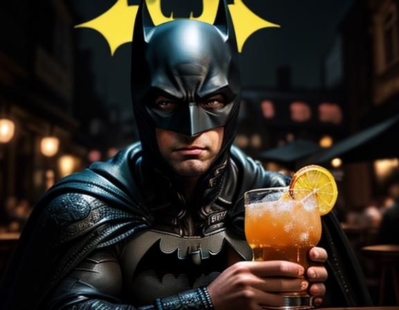 Batman Portrait in Cafe, Night Scene, Hyperdetailed